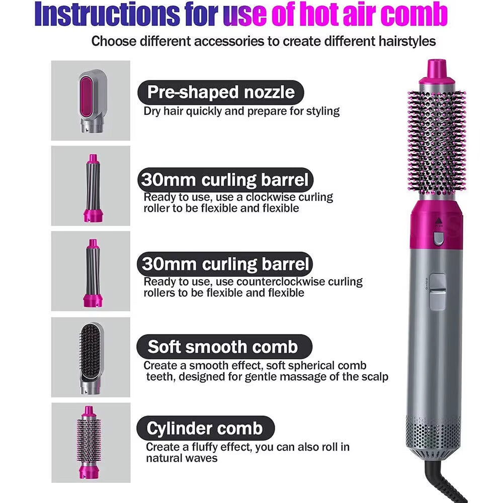 5 in 1 Electric Hair Dryer Blow Curler Set Detachable Styler Hot Air Brush Salon